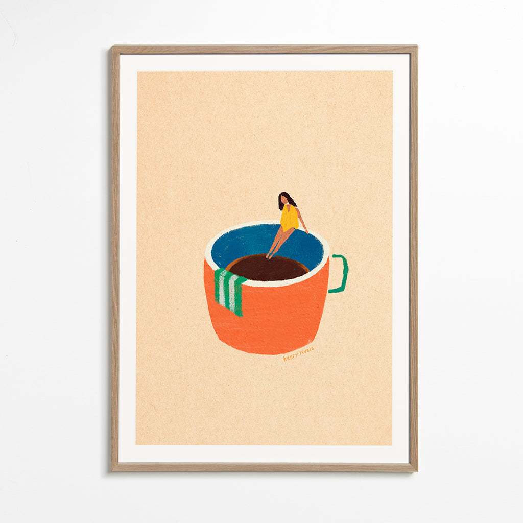 Cuadro de cocina con taza de café y figura ilustrada – Oak Frame