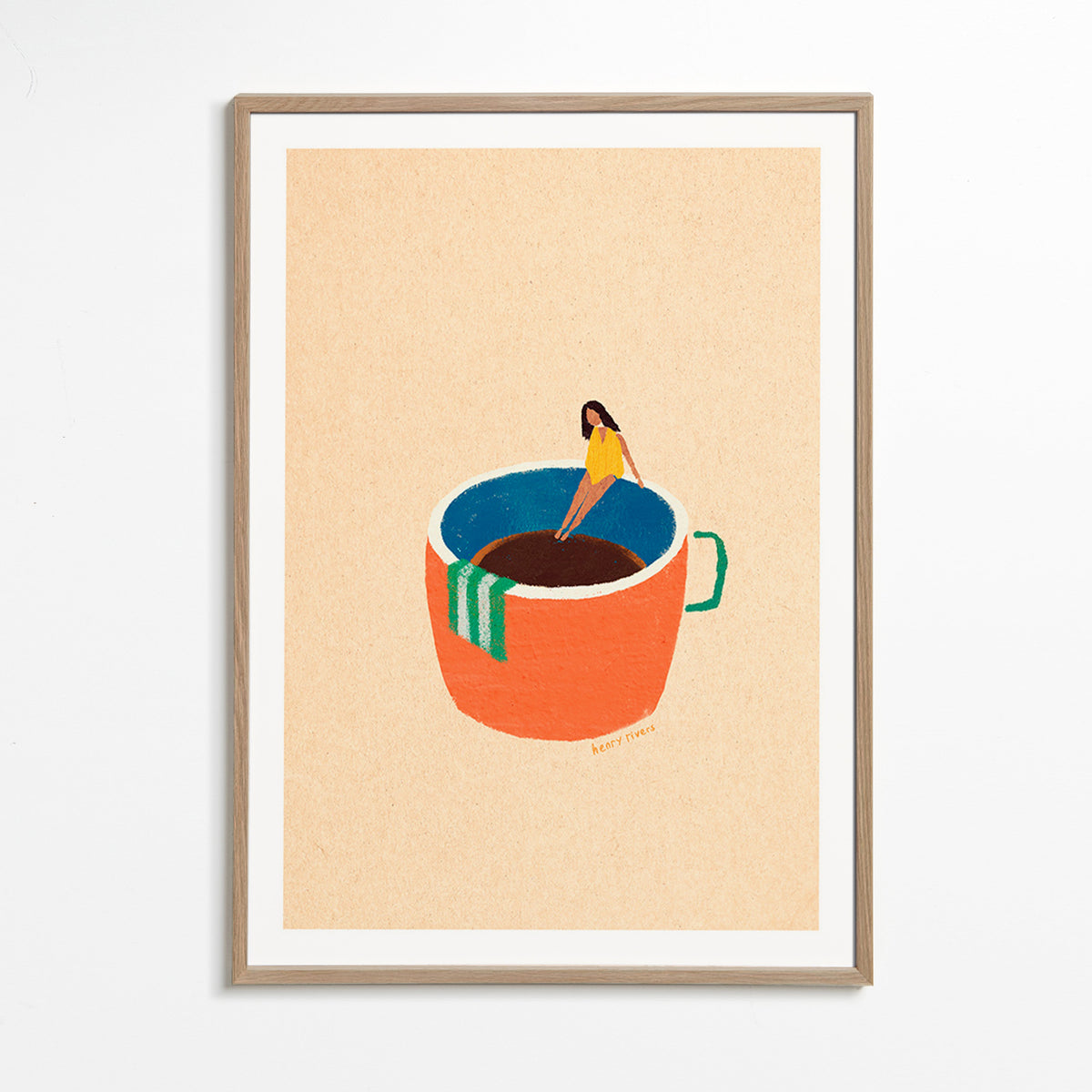 Cuadro de cocina con taza de café y figura ilustrada – Oak Frame