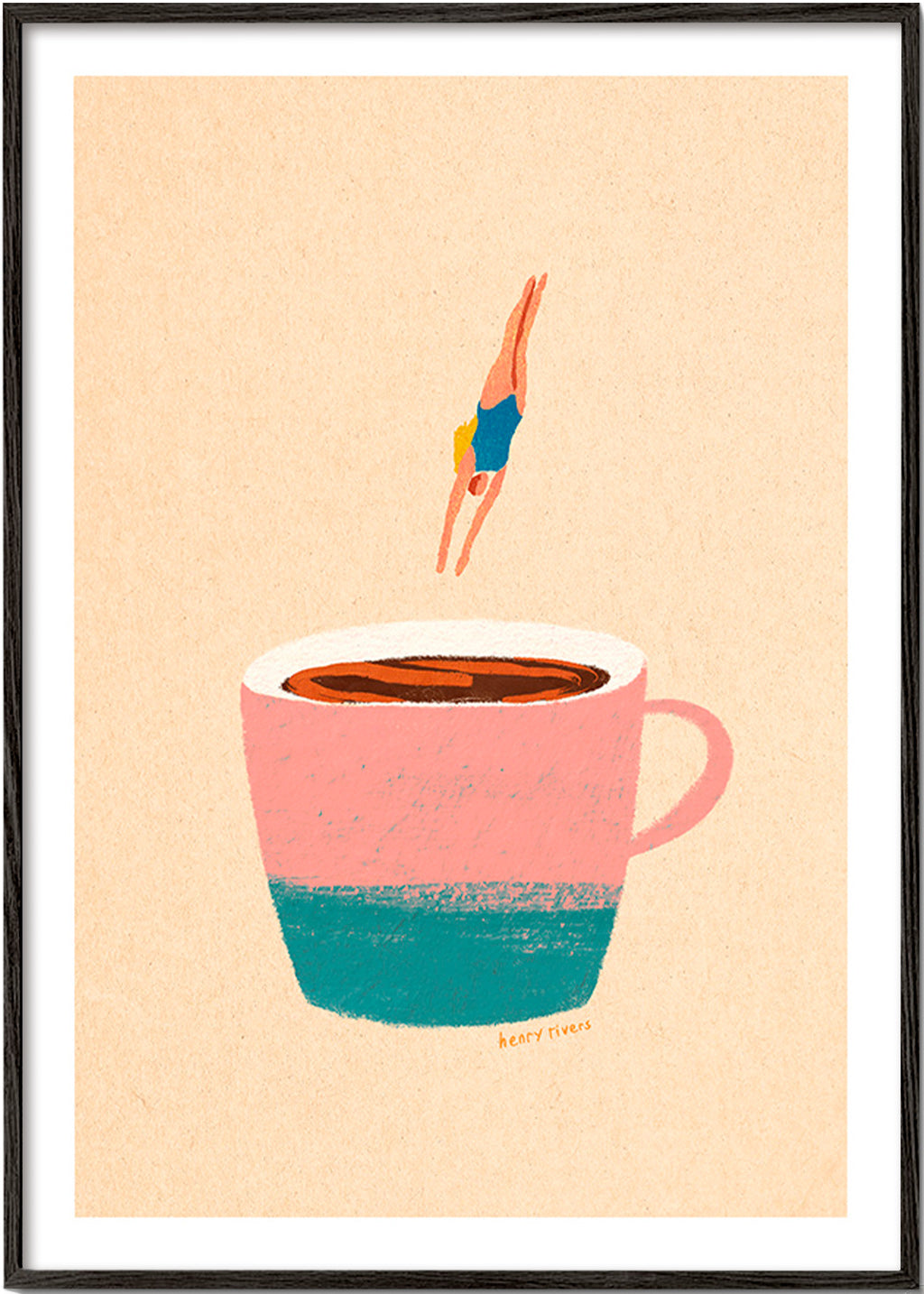 Cuadro de cocina con taza rosa y buceadora – Black Frame
