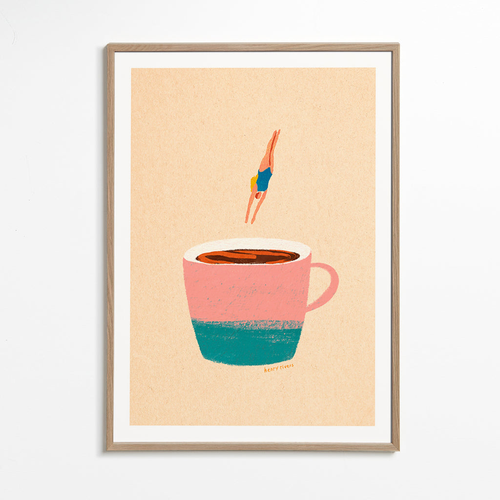 Cuadro de cocina con taza rosa y buceadora – Oak Frame