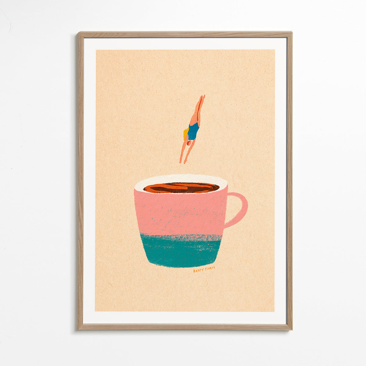 Cuadro de cocina con taza rosa y buceadora – Oak Frame