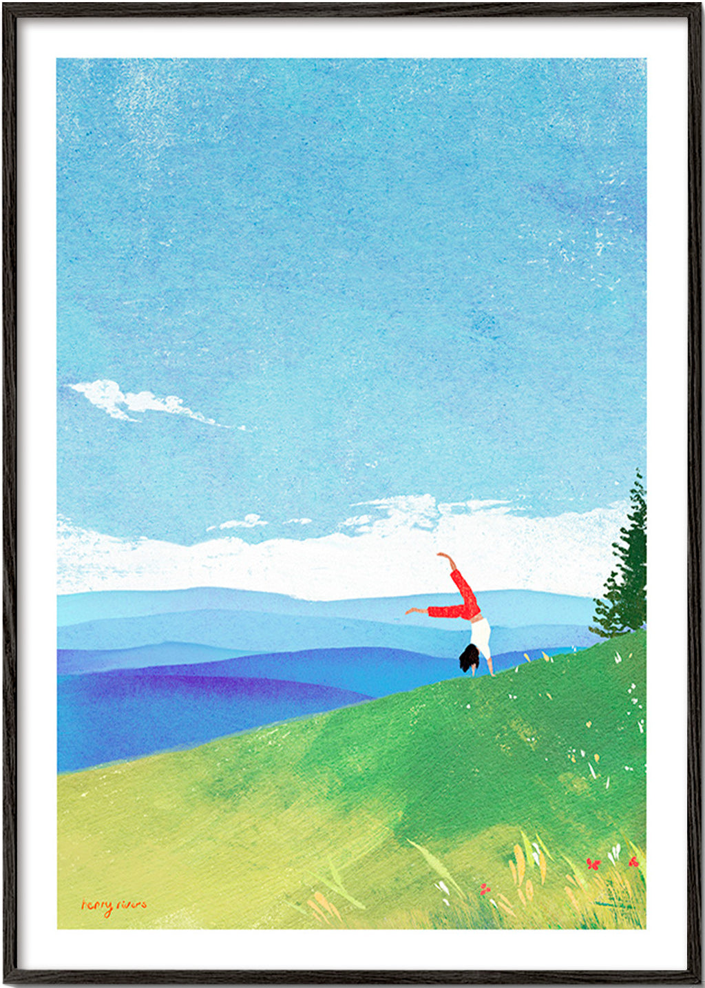 Cuadro de paisaje con figura en equilibrio en la colina – Black Frame