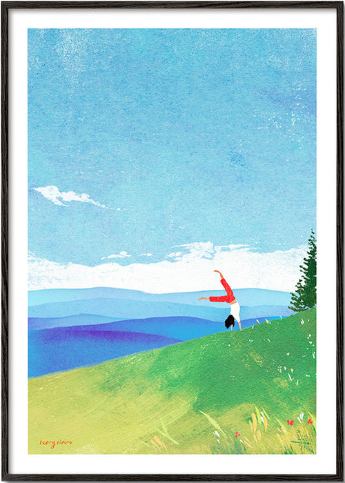 Cuadro de paisaje con figura en equilibrio en la colina – Black Frame