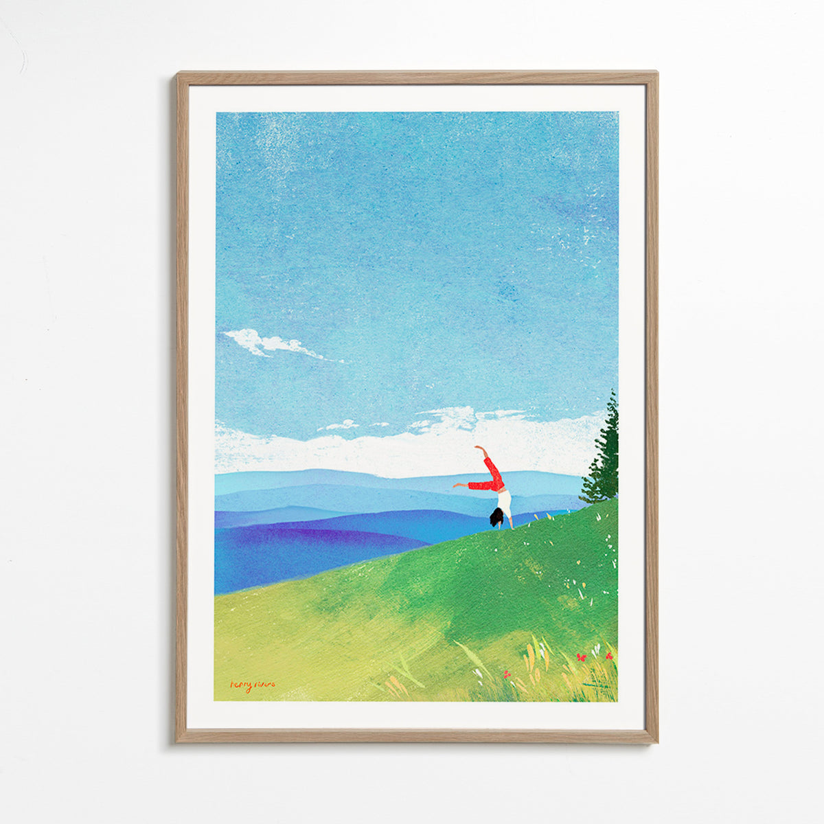 Cuadro de paisaje con figura en equilibrio en la colina – Oak Frame