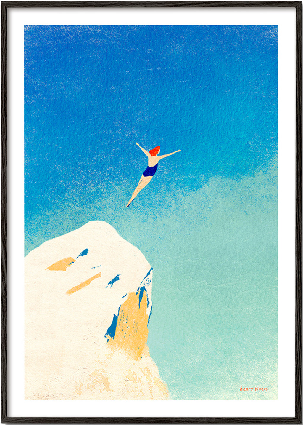 Ilustración: clavado desde acantilado sobre cielo azul – Black Frame