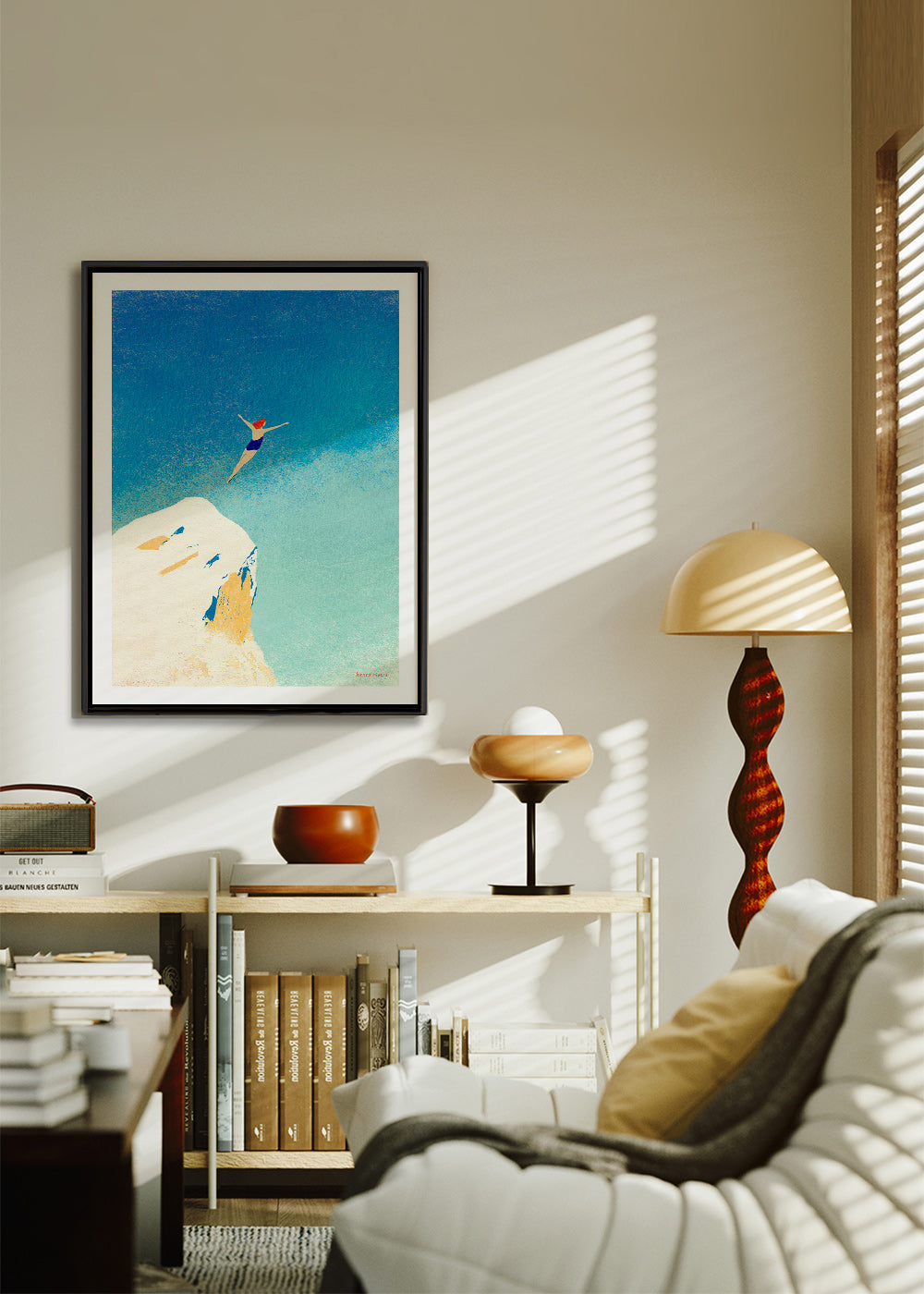 Ilustración: clavado desde acantilado sobre cielo azul – Canvas2