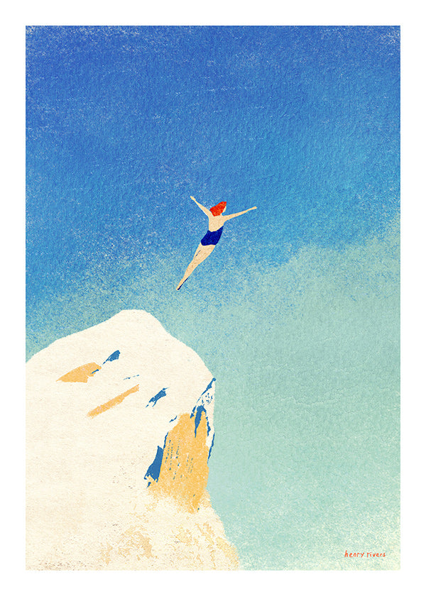 Ilustración: clavado desde acantilado sobre cielo azul