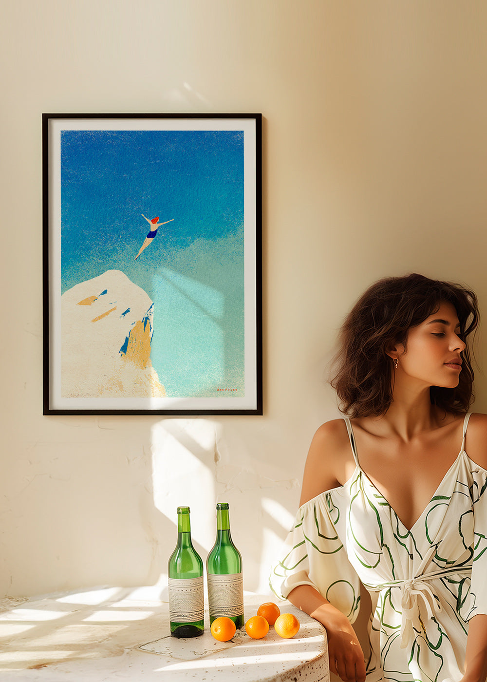 Ilustración: clavado desde acantilado sobre cielo azul – Product3