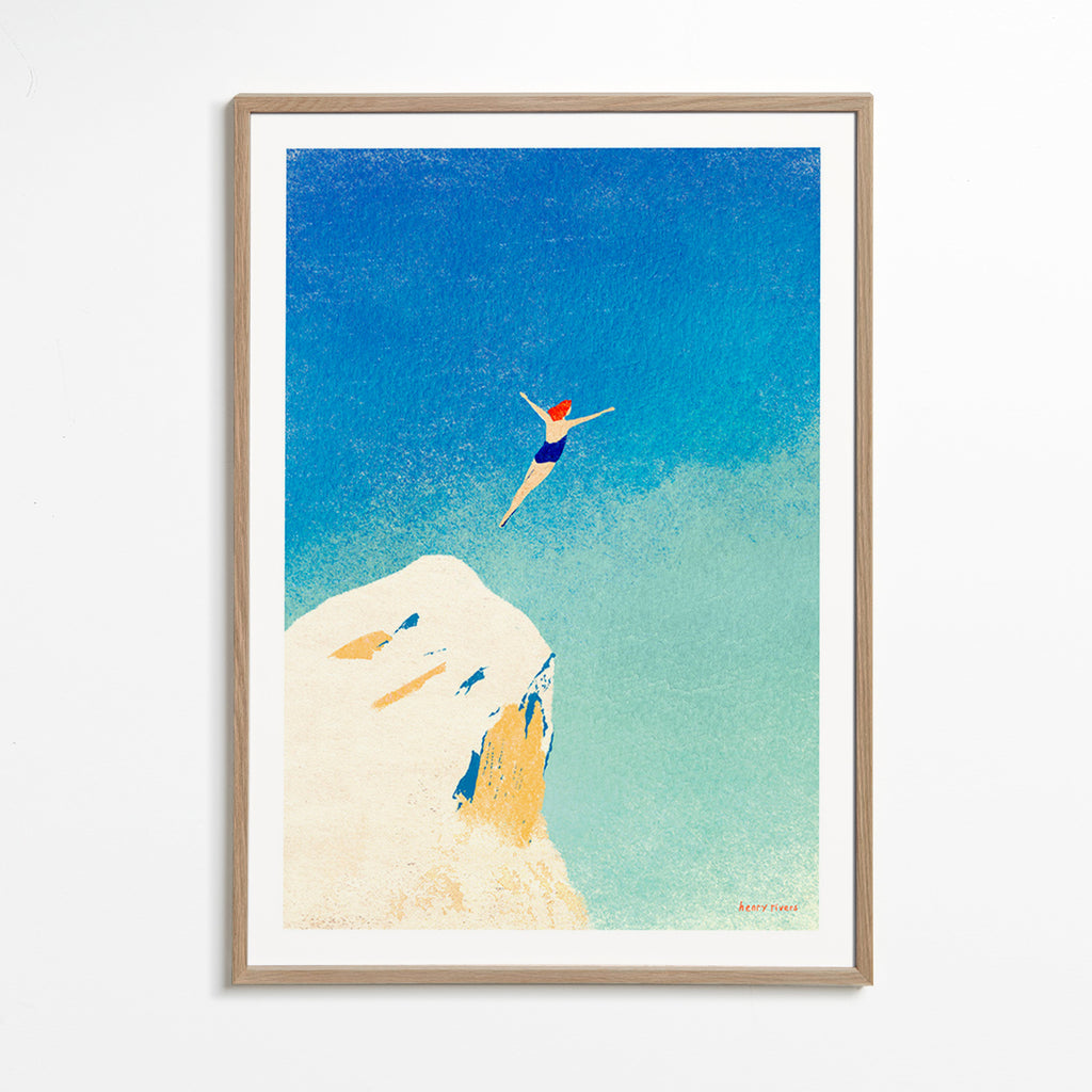 Ilustración: clavado desde acantilado sobre cielo azul – Oak Frame