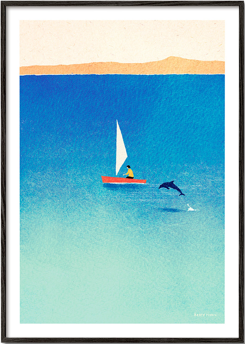 Cuadro con delfín y velero en mar azul – Black Frame