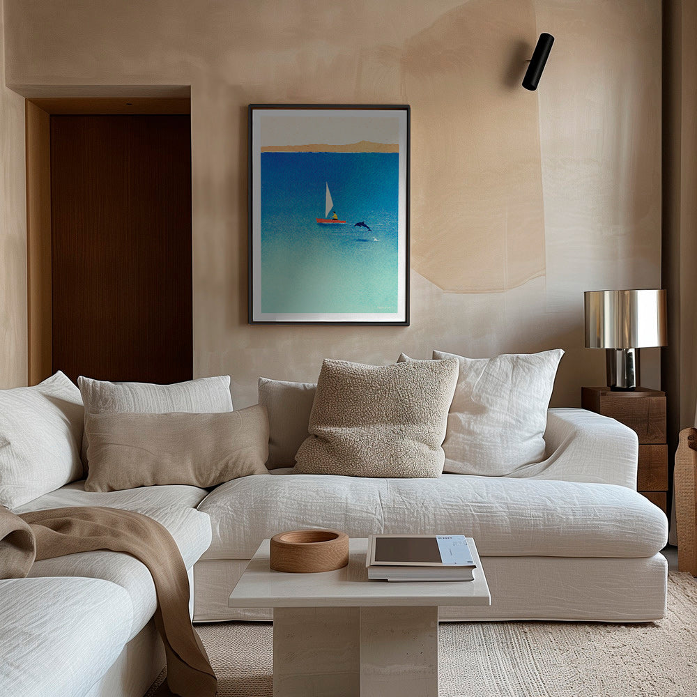 Cuadro con delfín y velero en mar azul – Canvas1