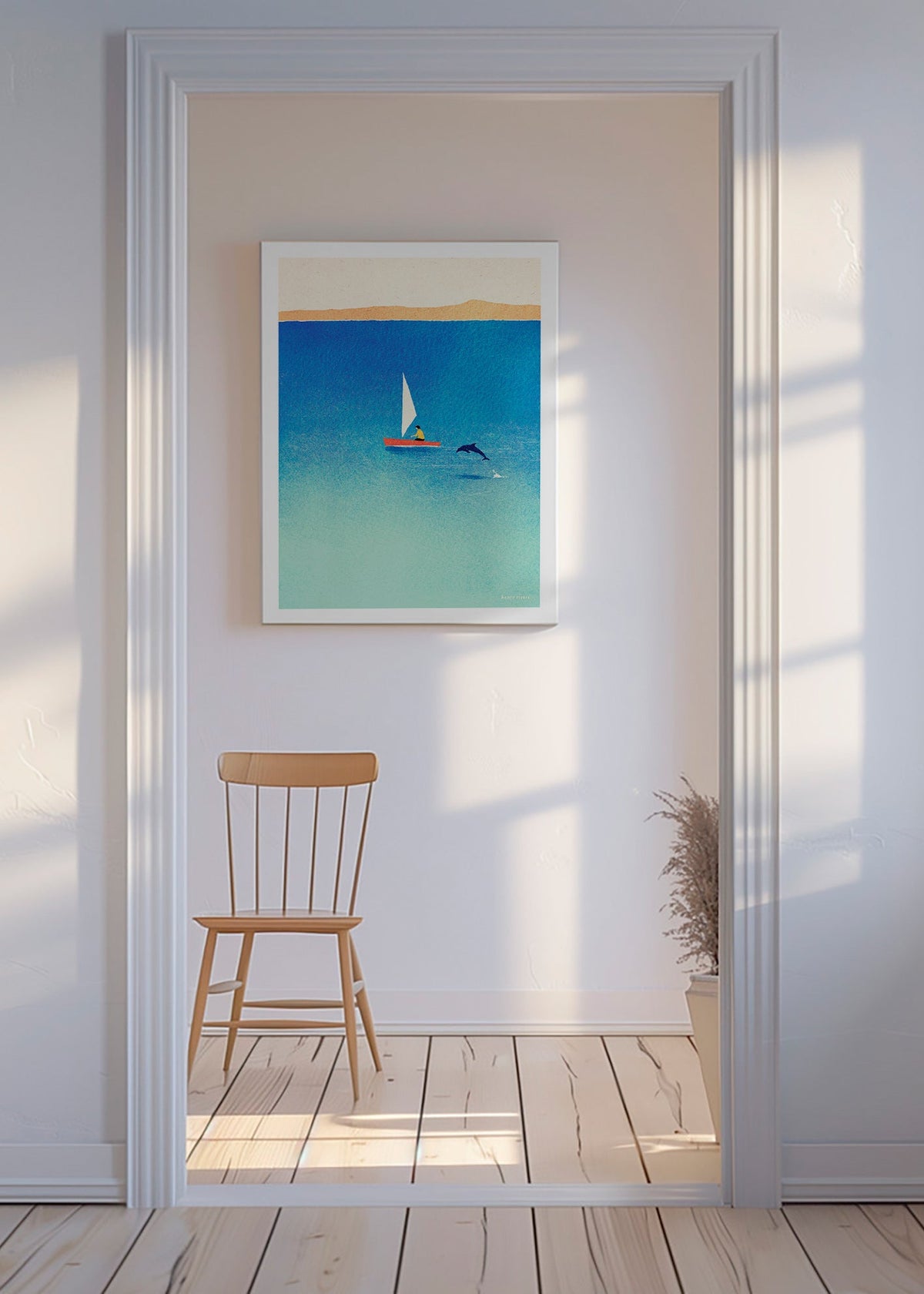 Cuadro con delfín y velero en mar azul – Canvas