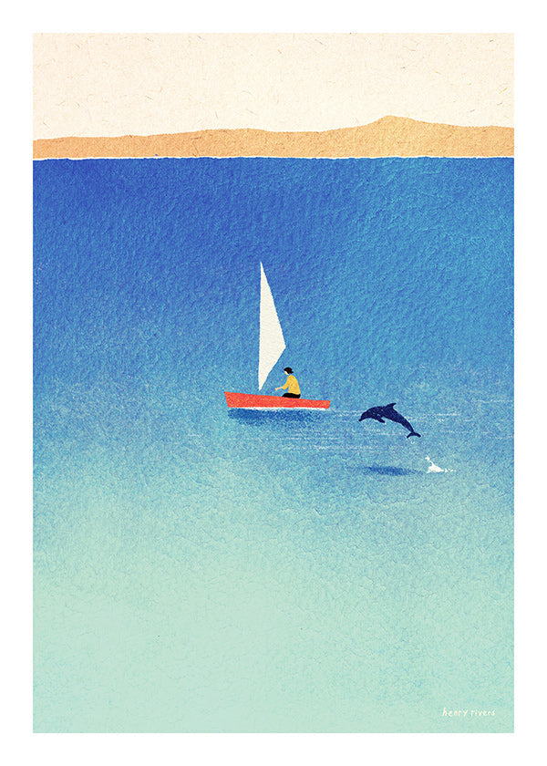 Cuadro con delfín y velero en mar azul