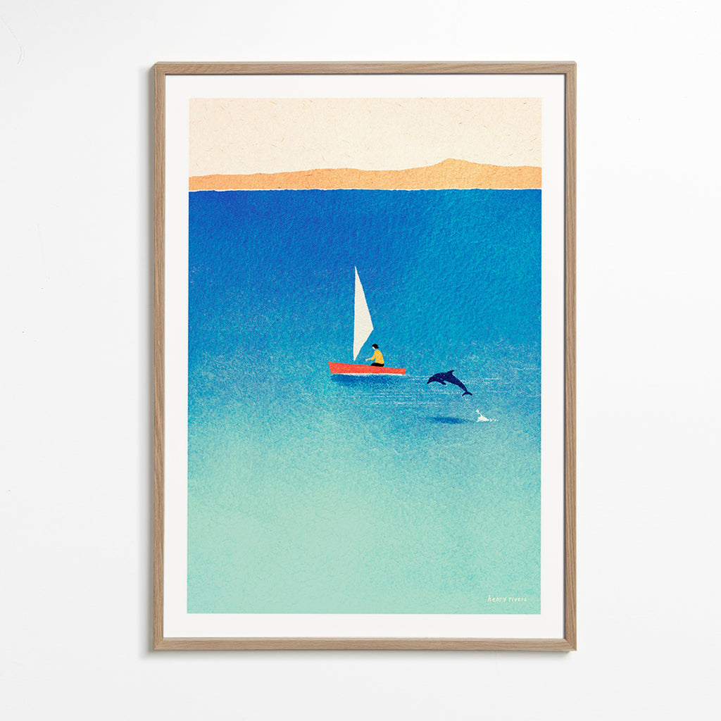 Cuadro con delfín y velero en mar azul – Oak Frame