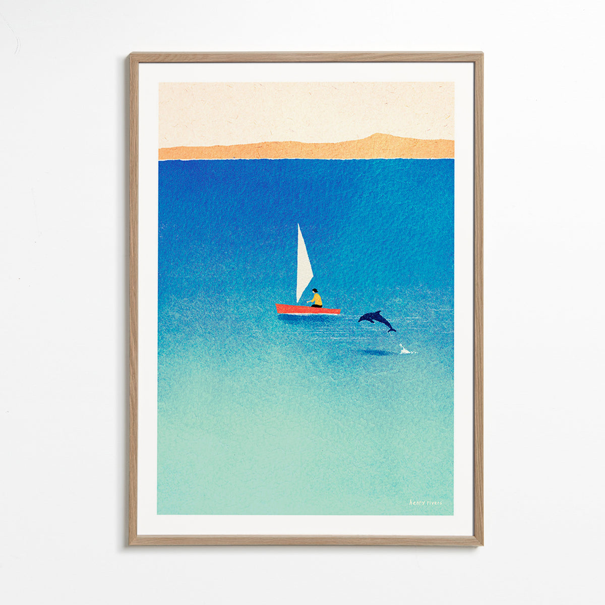 Cuadro con delfín y velero en mar azul – Oak Frame