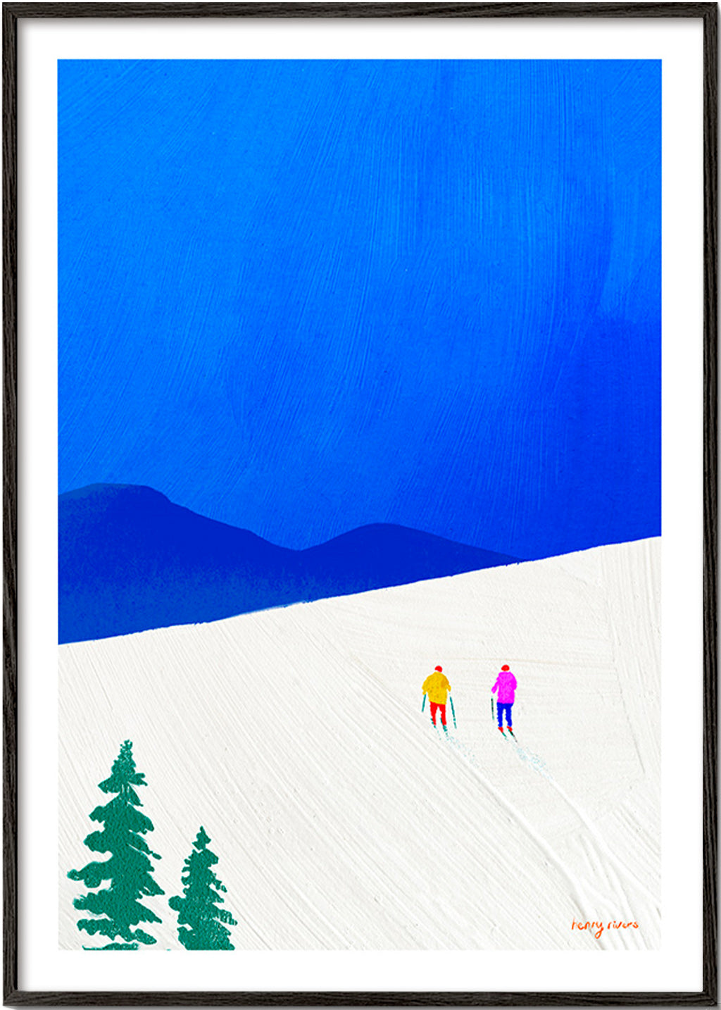 Cuadro deportivo con esquiadores en pendiente azul – Black Frame
