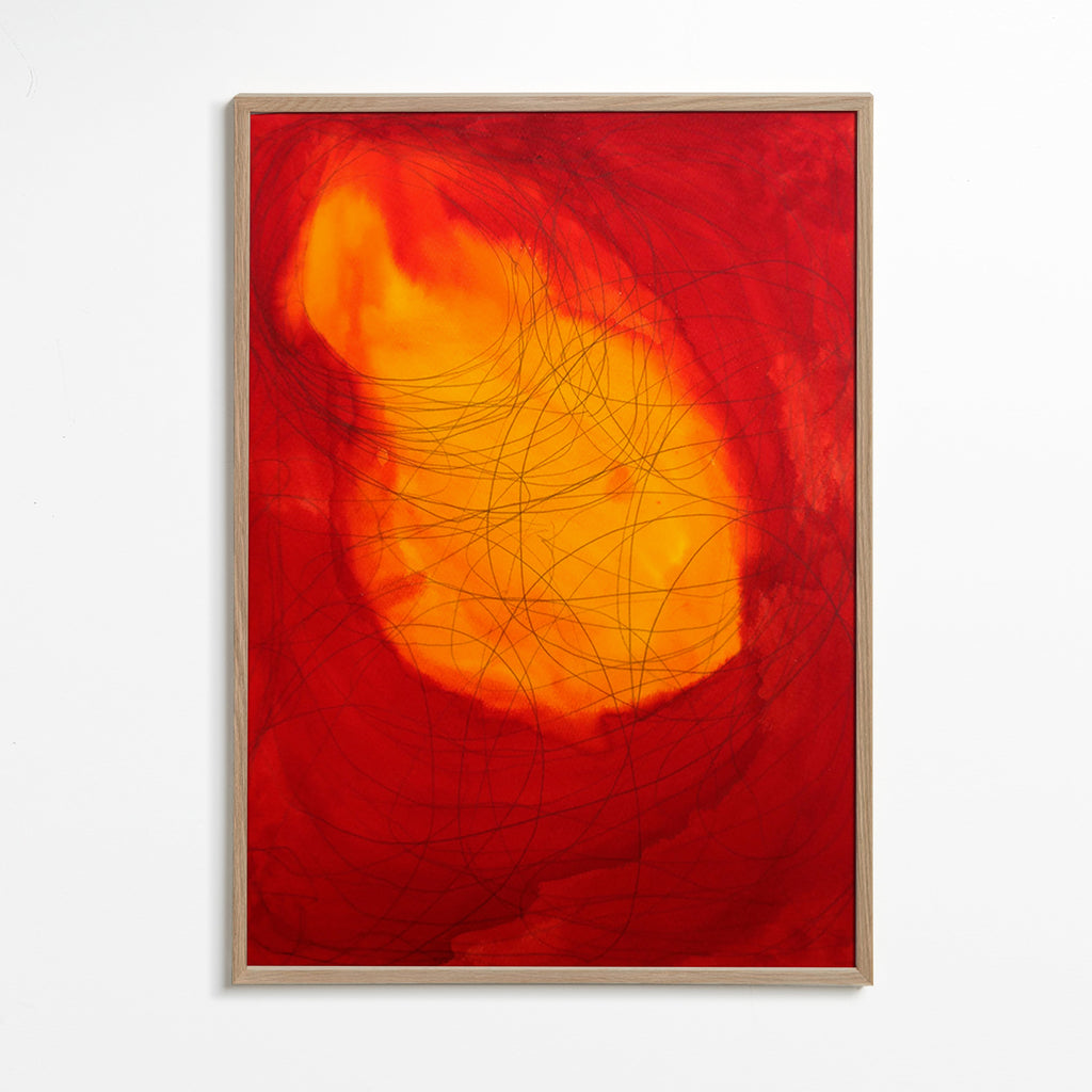 Cuadro abstracto en rojo y amarillo – Oak Frame