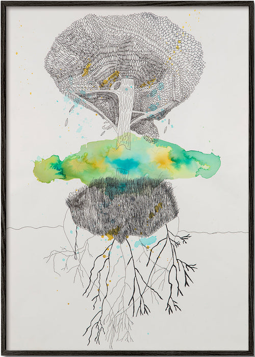 Lámina botánica árbol y raíces en tinta y acuarela – Black Frame