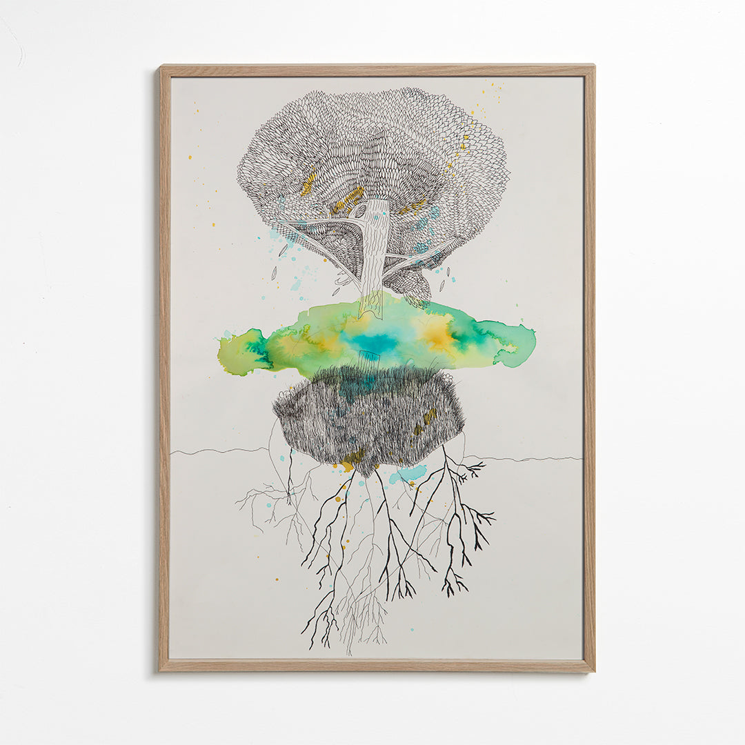 Lámina botánica árbol y raíces en tinta y acuarela – Oak Frame
