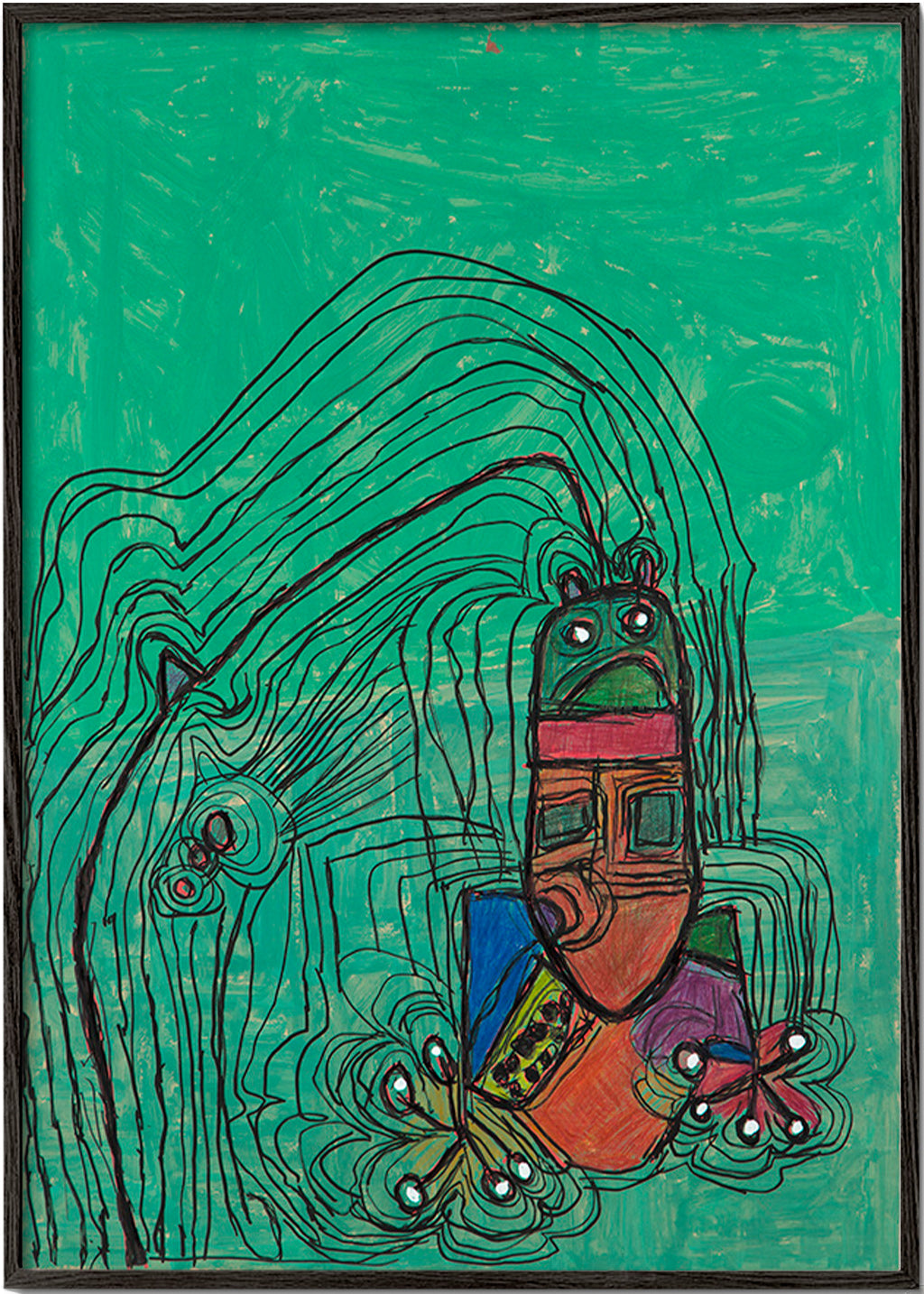 Ilustración juguetona con figura sobre fondo verde – Black Frame