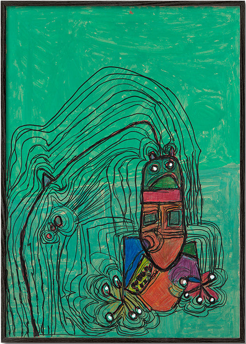 Ilustración juguetona con figura sobre fondo verde – Black Frame
