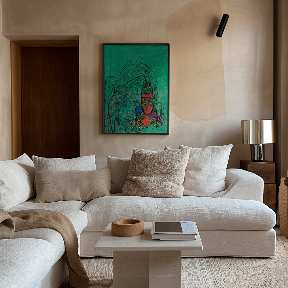 Ilustración juguetona con figura sobre fondo verde – Canvas1