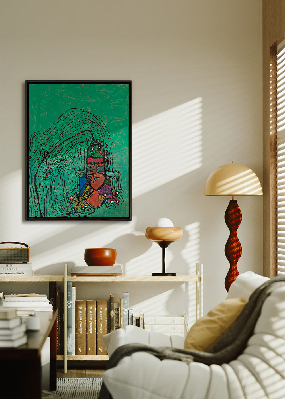 Ilustración juguetona con figura sobre fondo verde – Canvas2