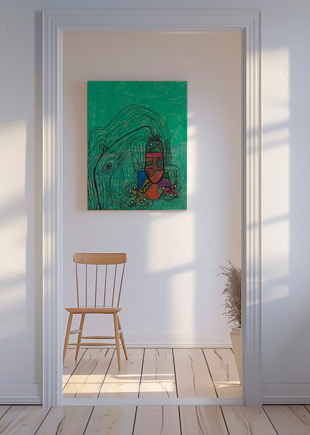 Ilustración juguetona con figura sobre fondo verde – Canvas