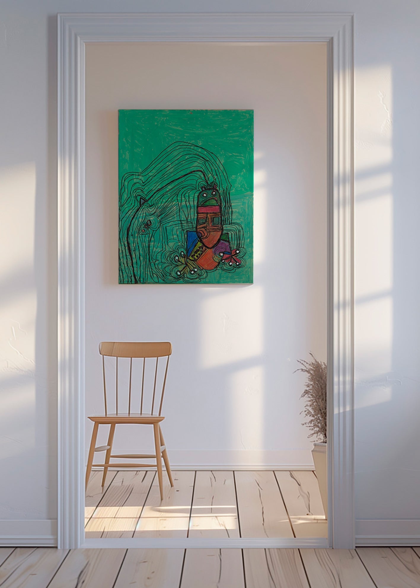 Ilustración juguetona con figura sobre fondo verde – Canvas
