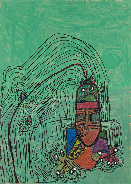 Ilustración juguetona con figura sobre fondo verde