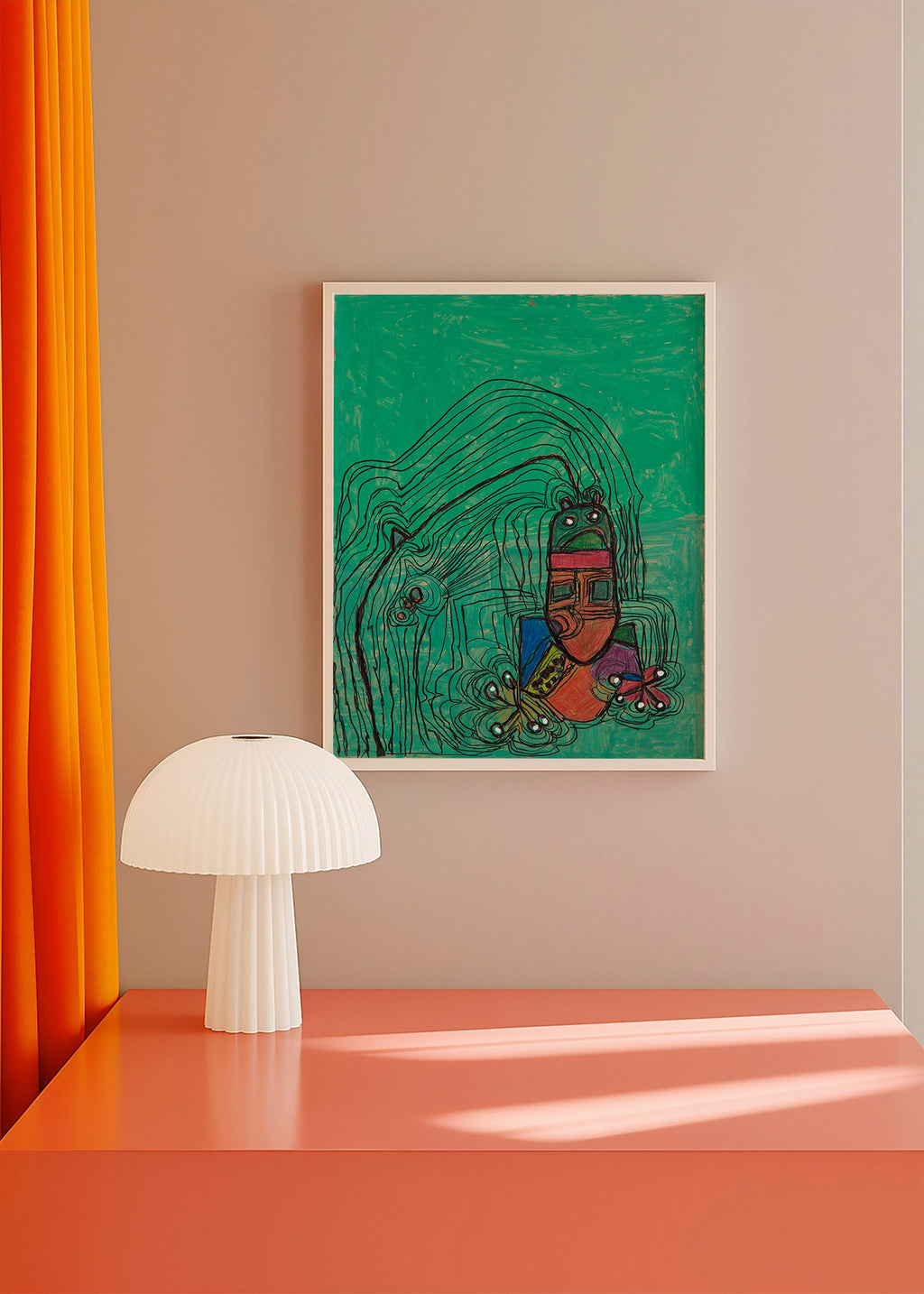 Ilustración juguetona con figura sobre fondo verde – Product1