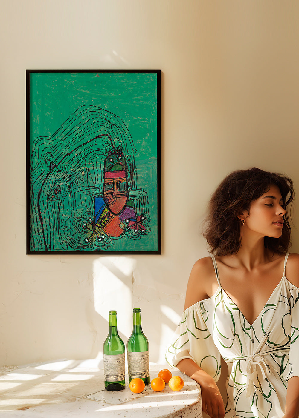 Ilustración juguetona con figura sobre fondo verde – Product2