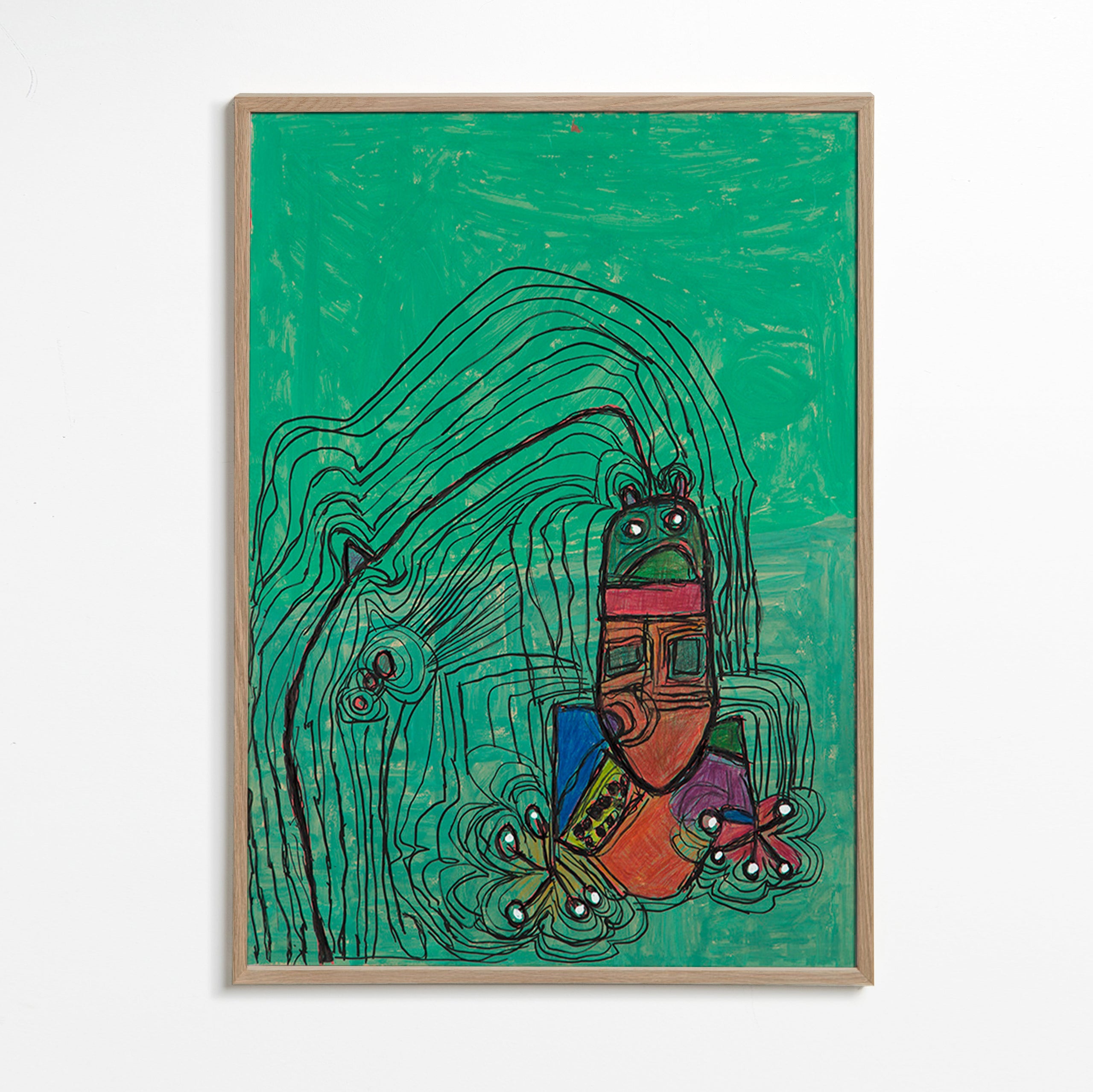 Ilustración juguetona con figura sobre fondo verde – Oak Frame