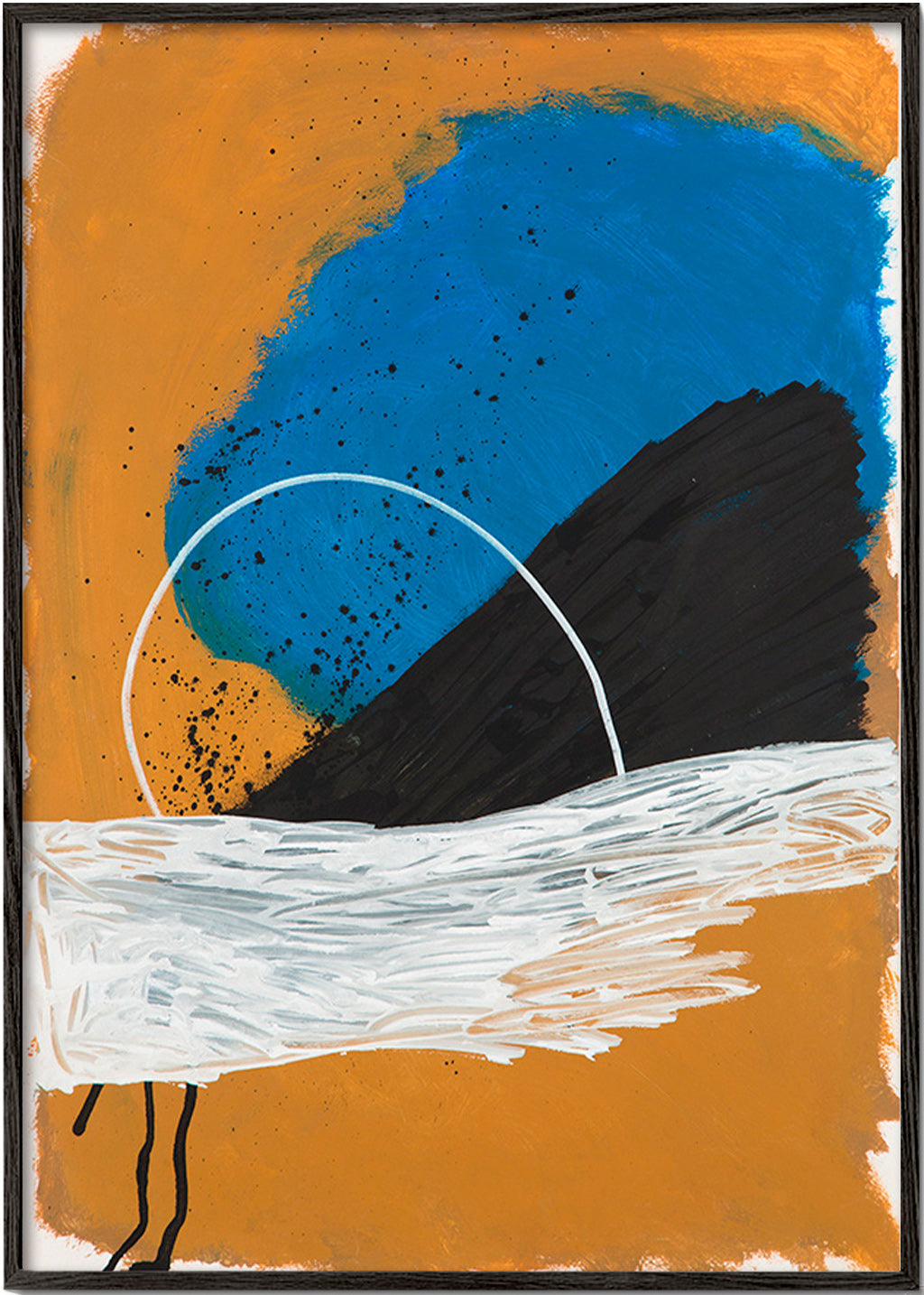 Cuadro abstracto arco costero en ocre y azul – Black Frame