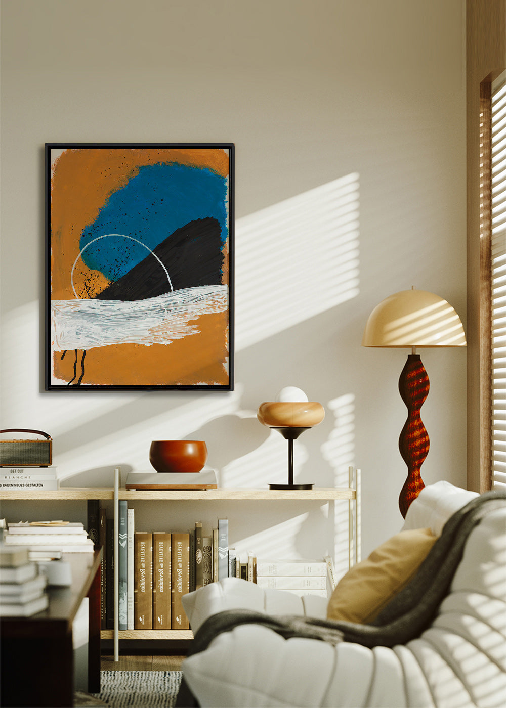 Cuadro abstracto arco costero en ocre y azul – Canvas2