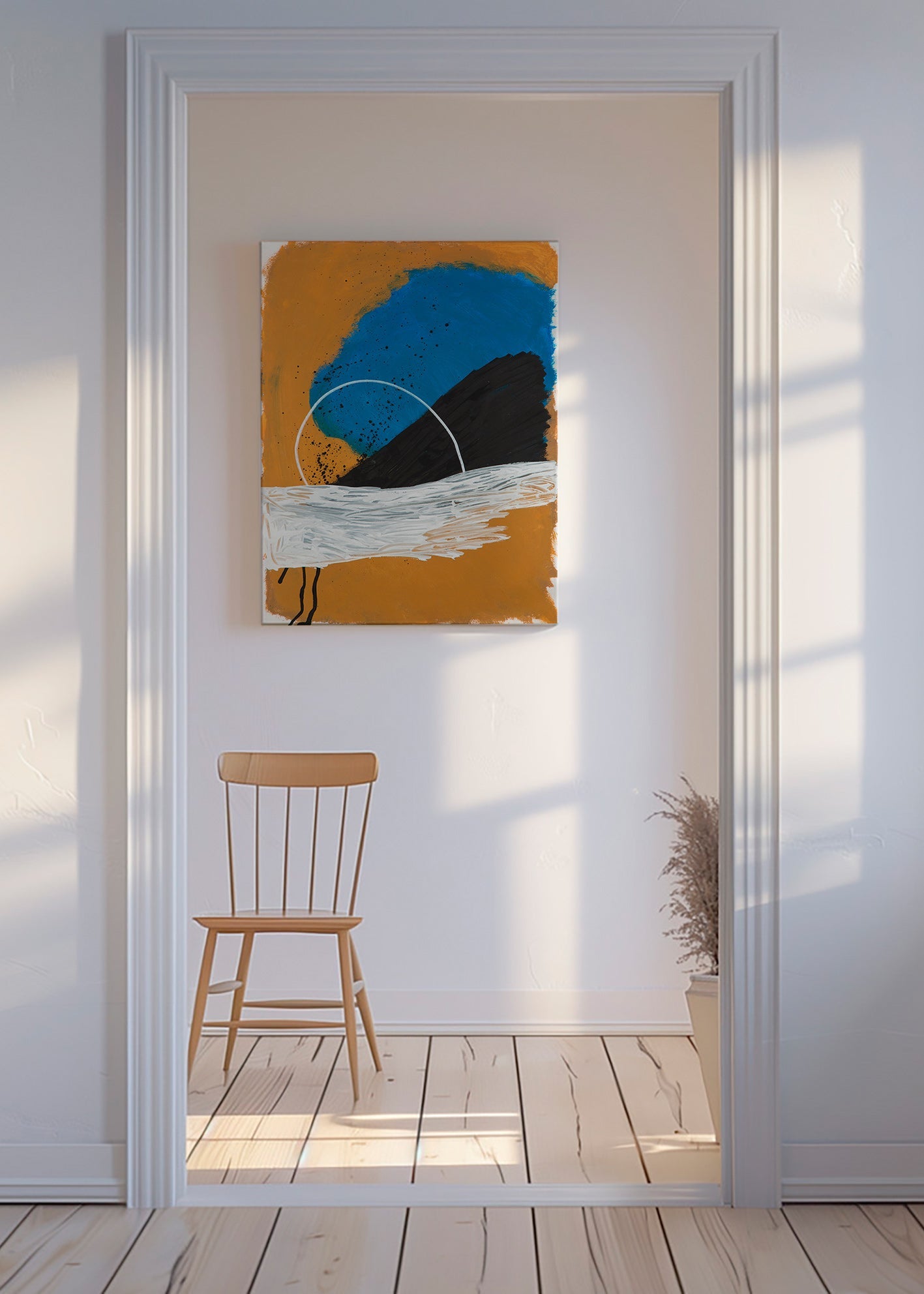 Cuadro abstracto arco costero en ocre y azul – Canvas