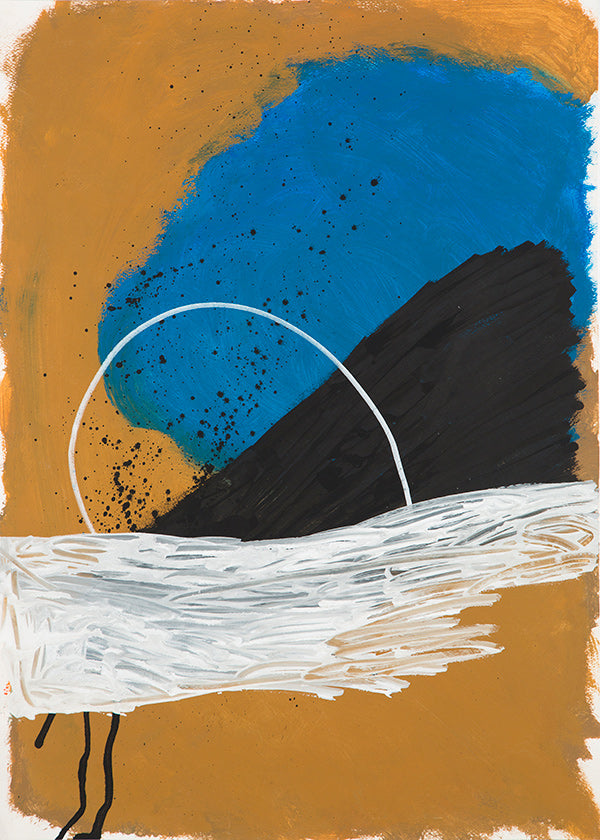 Cuadro abstracto arco costero en ocre y azul