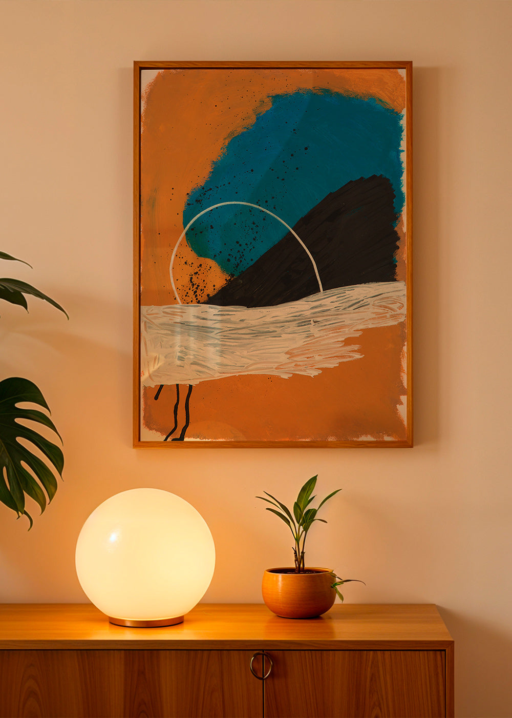 Cuadro abstracto arco costero en ocre y azul – Product1