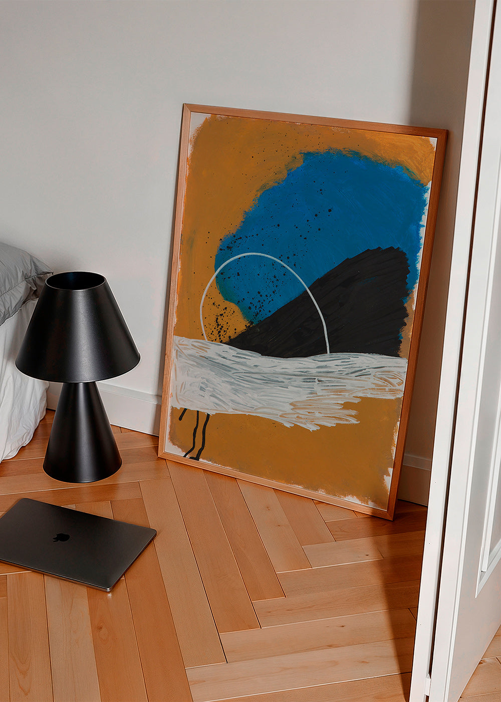 Cuadro abstracto arco costero en ocre y azul – Product2