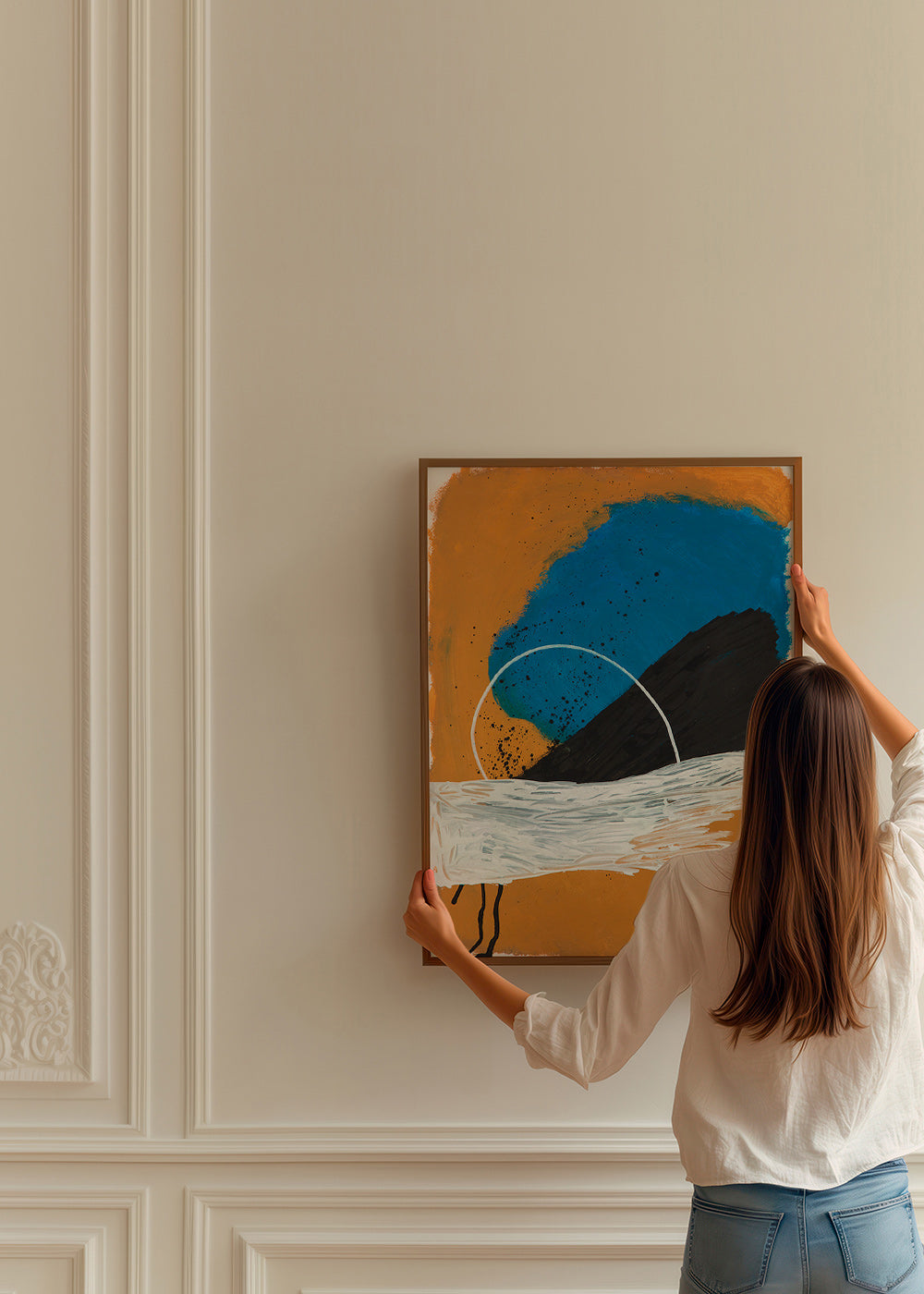 Cuadro abstracto arco costero en ocre y azul – Product3