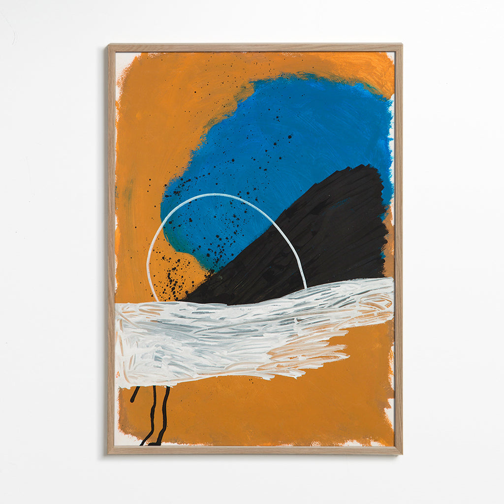 Cuadro abstracto arco costero en ocre y azul – Oak Frame