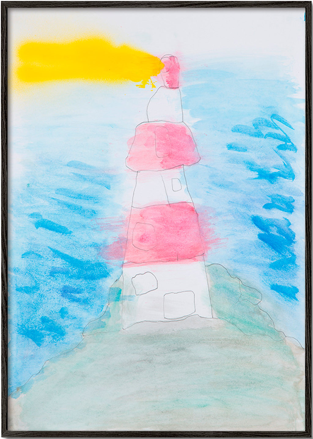 Cuadro de paisaje con faro en acuarela – Black Frame