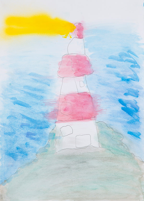 Cuadro de paisaje con faro en acuarela