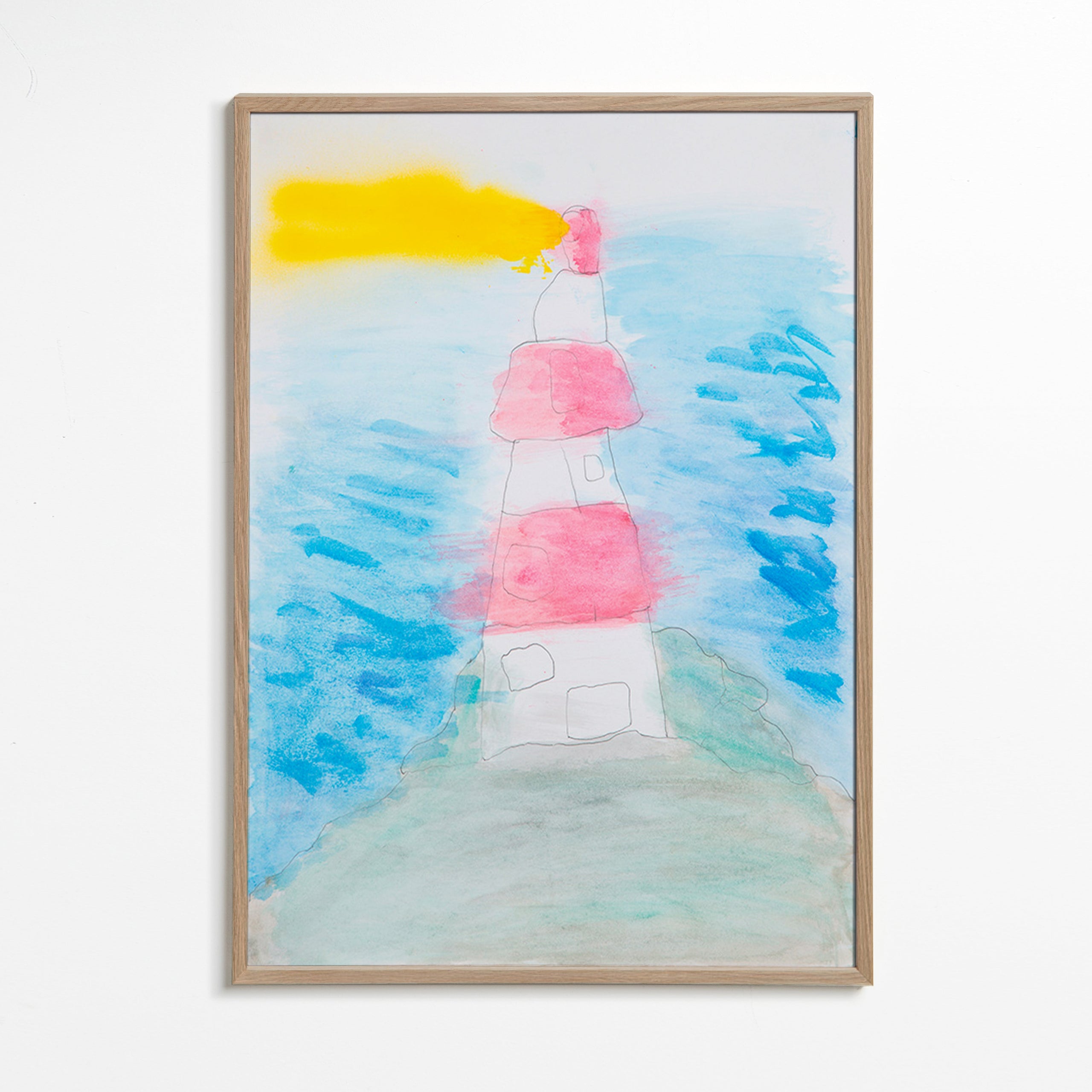 Cuadro de paisaje con faro en acuarela – Oak Frame