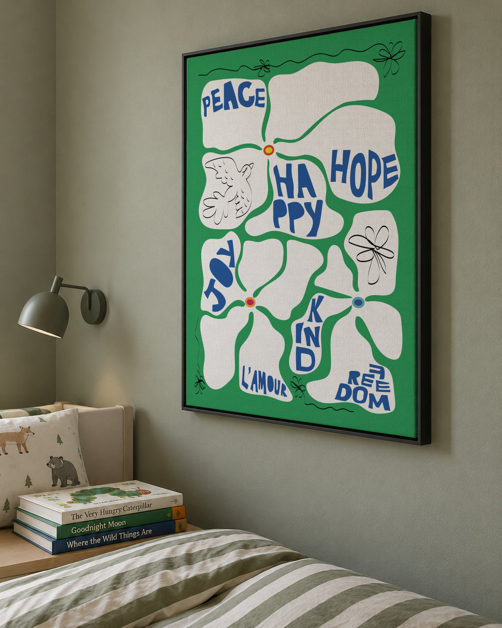 Flowers of the Tome - Green - Framed canvas in an interior