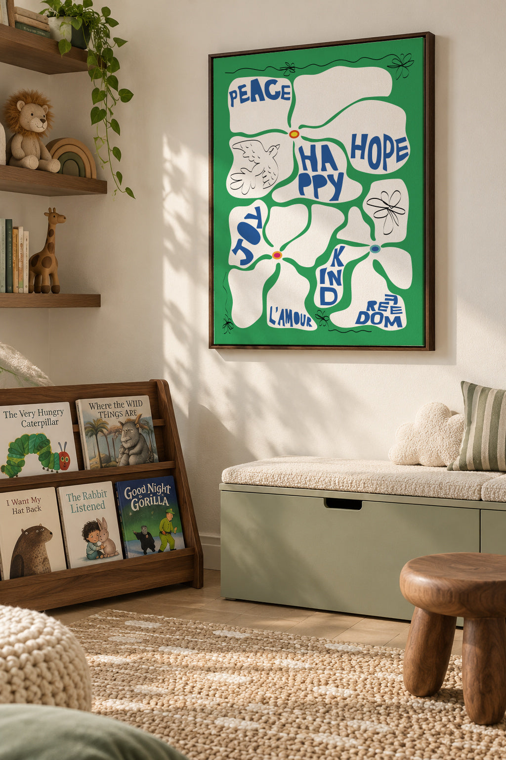 Flowers of the Tome - Green - Framed canvas in an interior