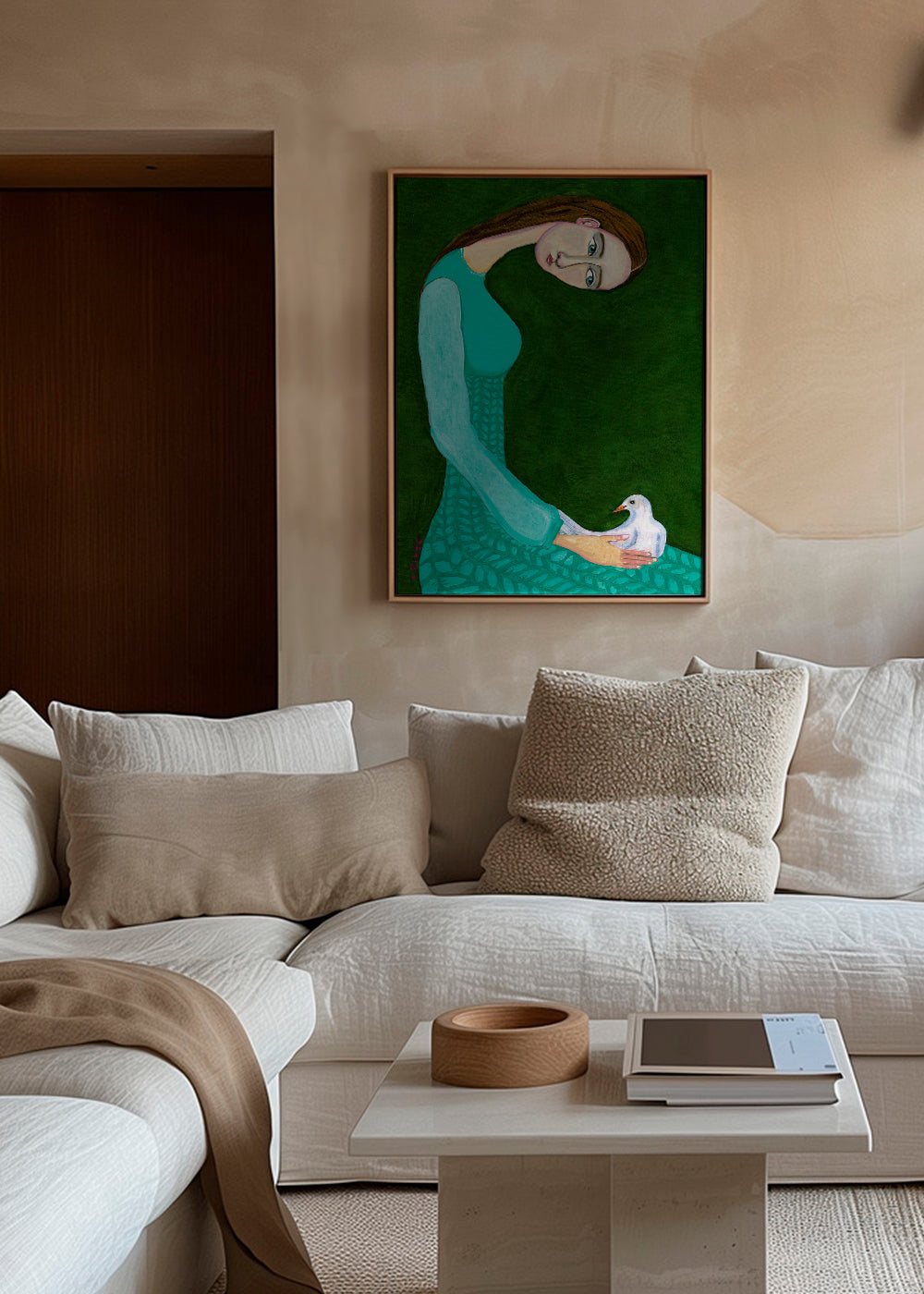 Lady sitting with white dove bird woman