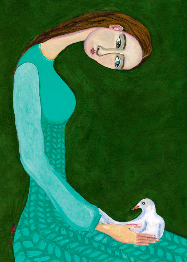 Lady sitting with white dove bird woman