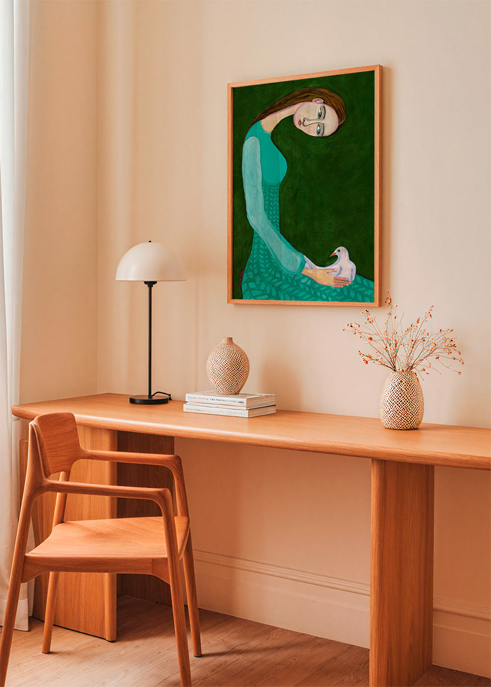 Lady sitting with white dove bird woman