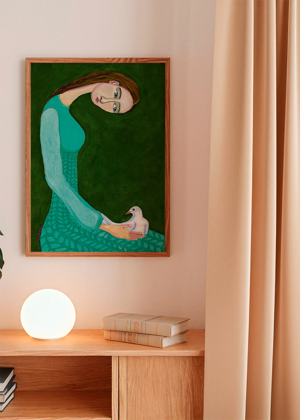 Lady sitting with white dove bird woman